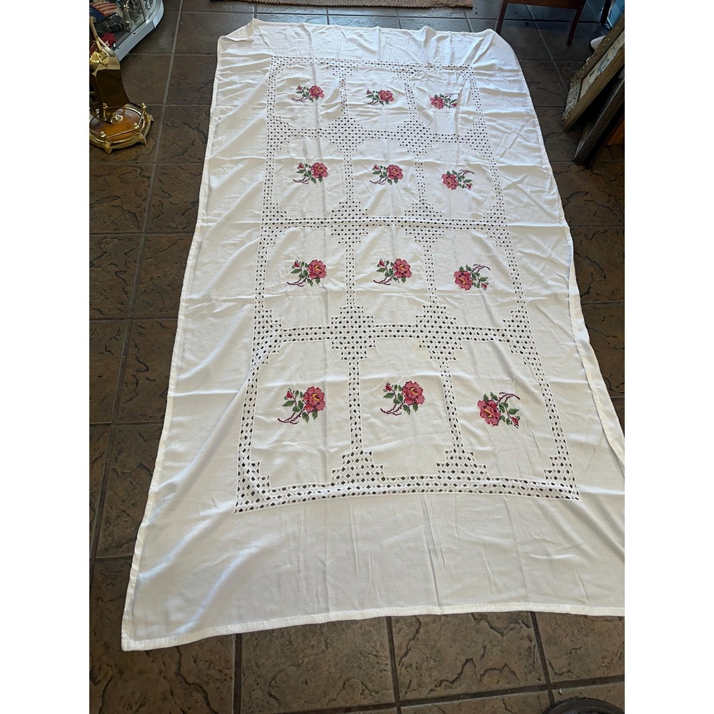 Vintage Embroidered Floral Tablecloth 44x88 White Cotton Lace Hand Embroidery